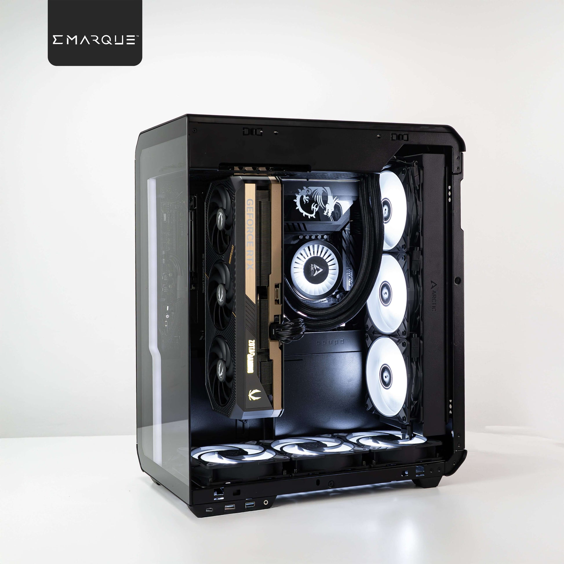 EMARQUE Xhuttle gaming PC with AMD Ryzen 7 9800X3D and GeForce RTX 5090 in black dual chamber ATX case, illuminated components.