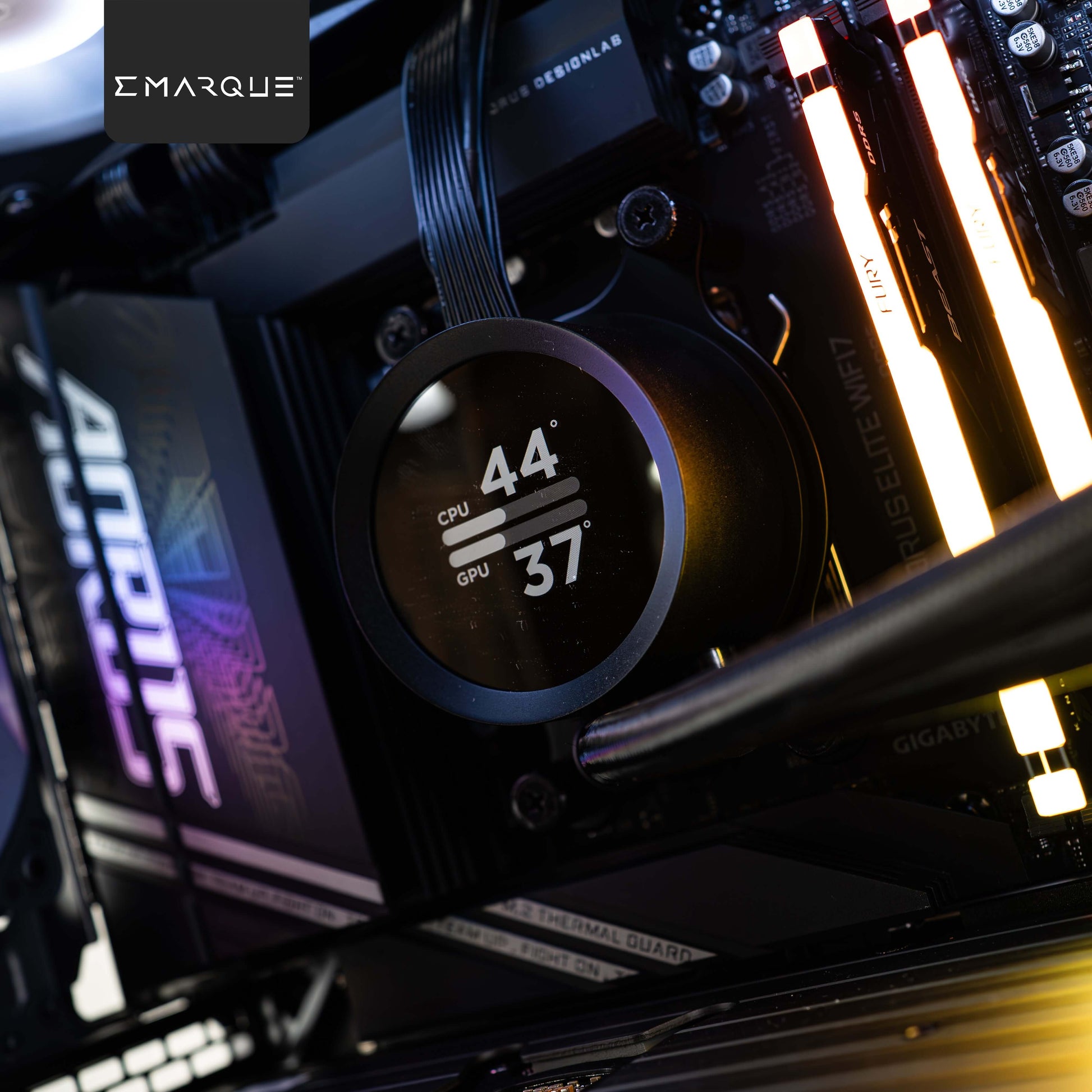 Close-up view of RGB-lit gaming PC interior showcasing CPU and GPU temperature display on NZXT Kraken cooler.
