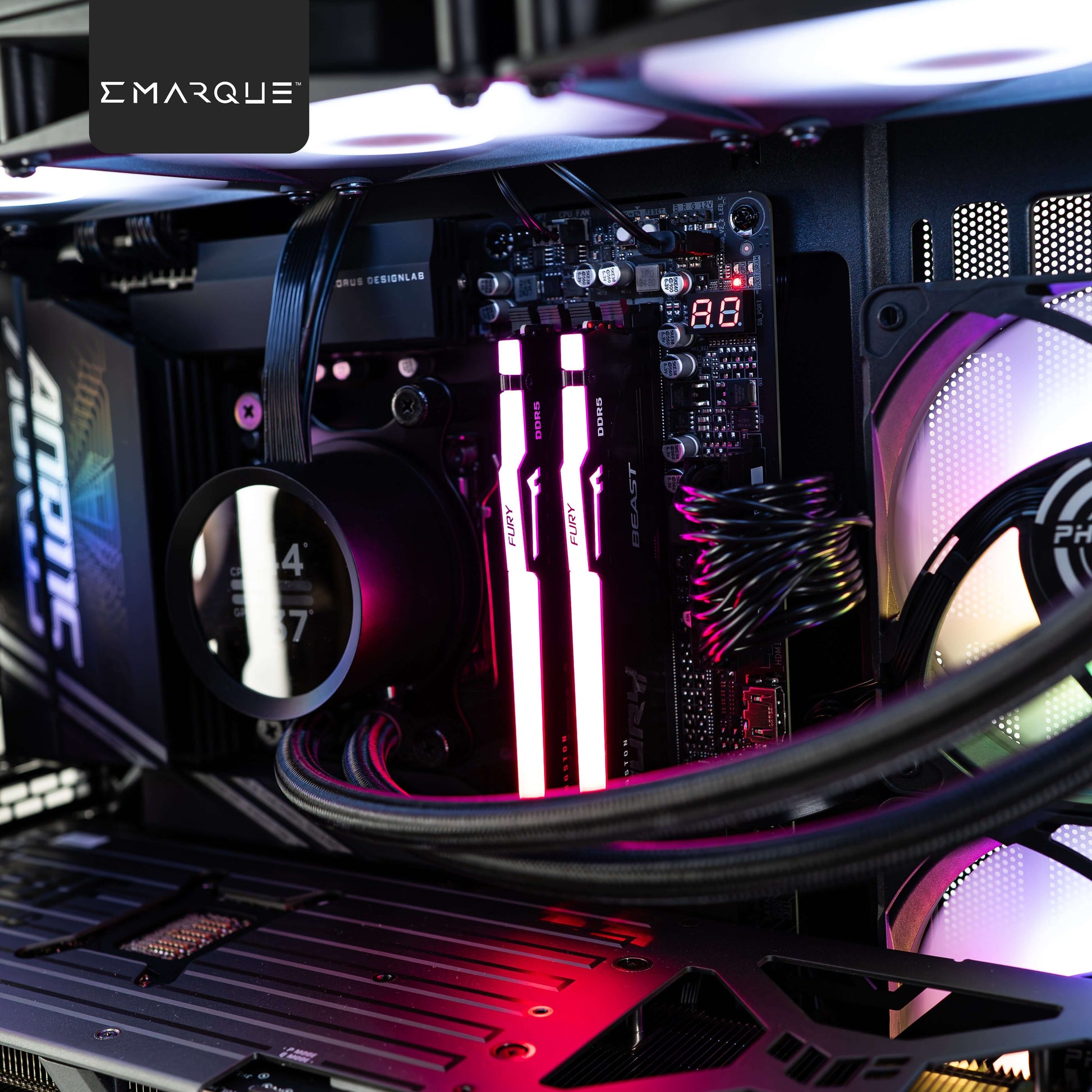 Interior view of high-performance gaming PC featuring RGB lighting, AIO cooler, and Kingston FURY Beast DDR5 RAM.