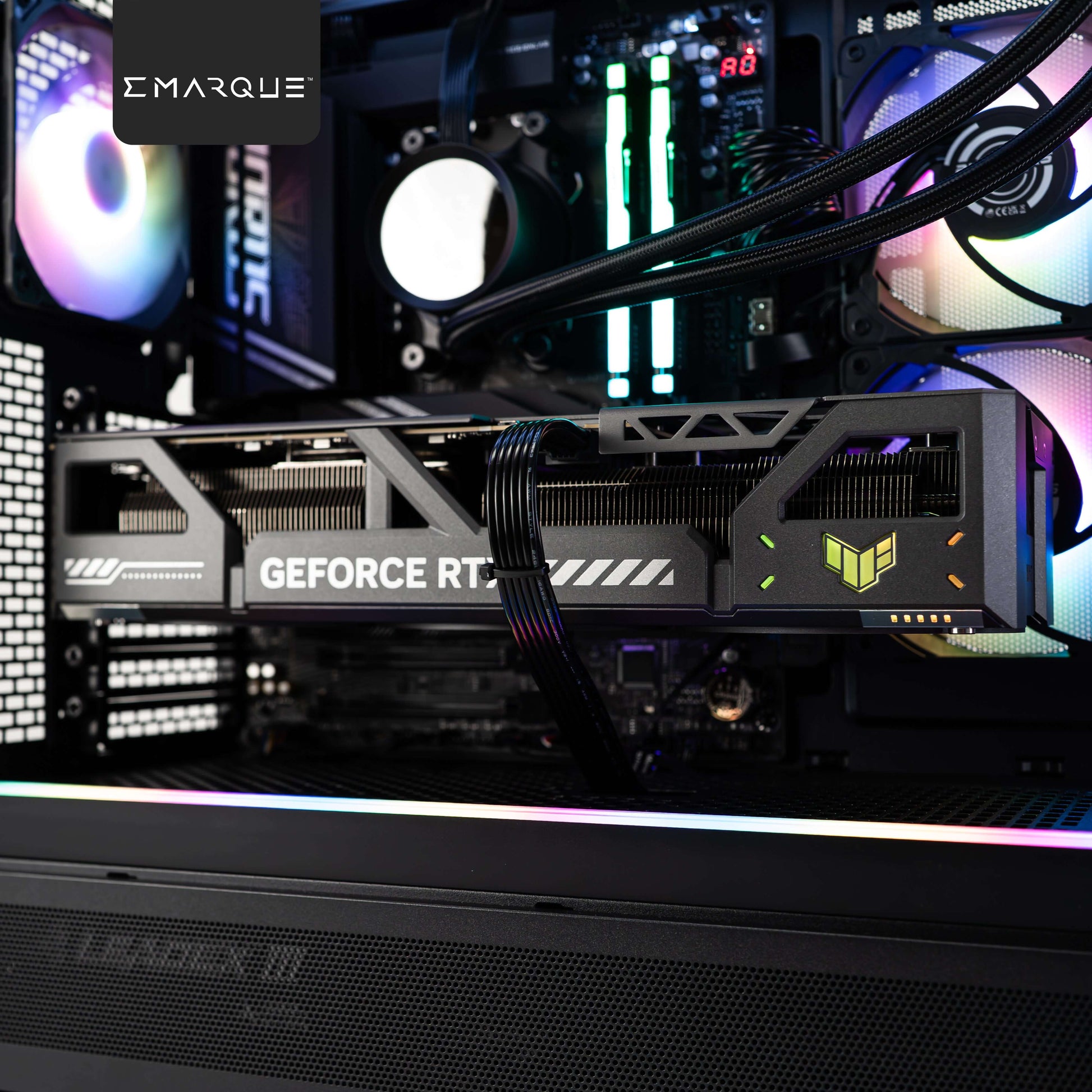 Alt Tag: ASUS TUF Gaming GeForce RTX 5080 inside a high-performance Phanteks XT View ATX gaming PC with RGB lighting.