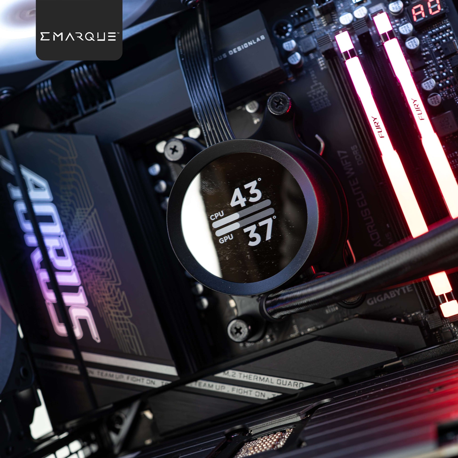 Close-up of a gaming PC build featuring NZXT Kraken AIO cooler, RGB RAM sticks, and GIGABYTE AORUS motherboard with illuminated components.