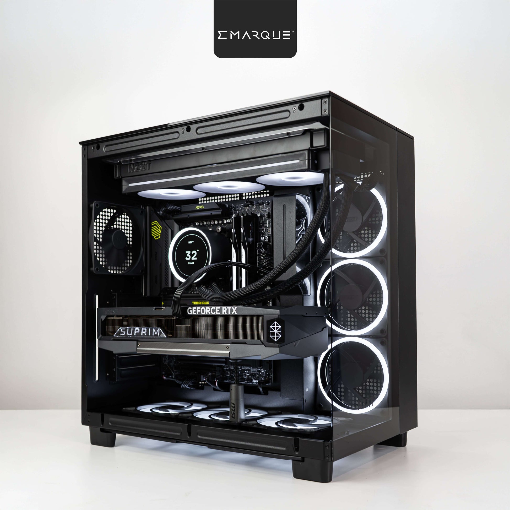 High-performance gaming PC featuring AMD Ryzen 7 9800X3D, GeForce RTX5090, encased in NZXT H9 Elite, showcasing RGB lighting.