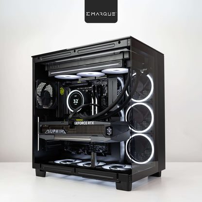 High-performance gaming PC featuring AMD Ryzen 7 9800X3D, GeForce RTX5090, encased in NZXT H9 Elite, showcasing RGB lighting.