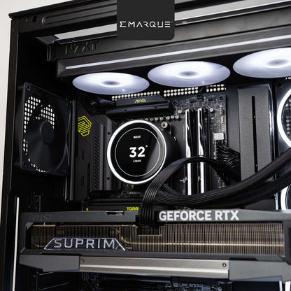Interior view of gaming PC with AMD Ryzen 7 9800X3D, GeForce RTX 5090, NZXT Kraken cooler, and G.Skill Trident Z5 Neo RGB RAM.