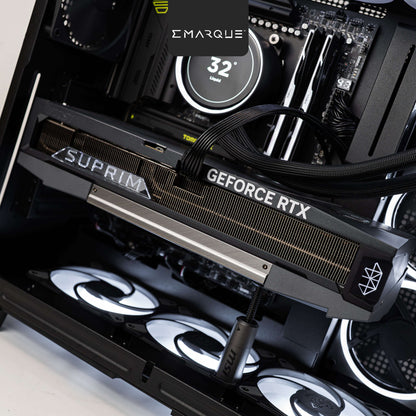 Close-up of a MSI GeForce RTX 5090 Suprim graphics card inside a black NZXT H9 Elite mid-tower case.