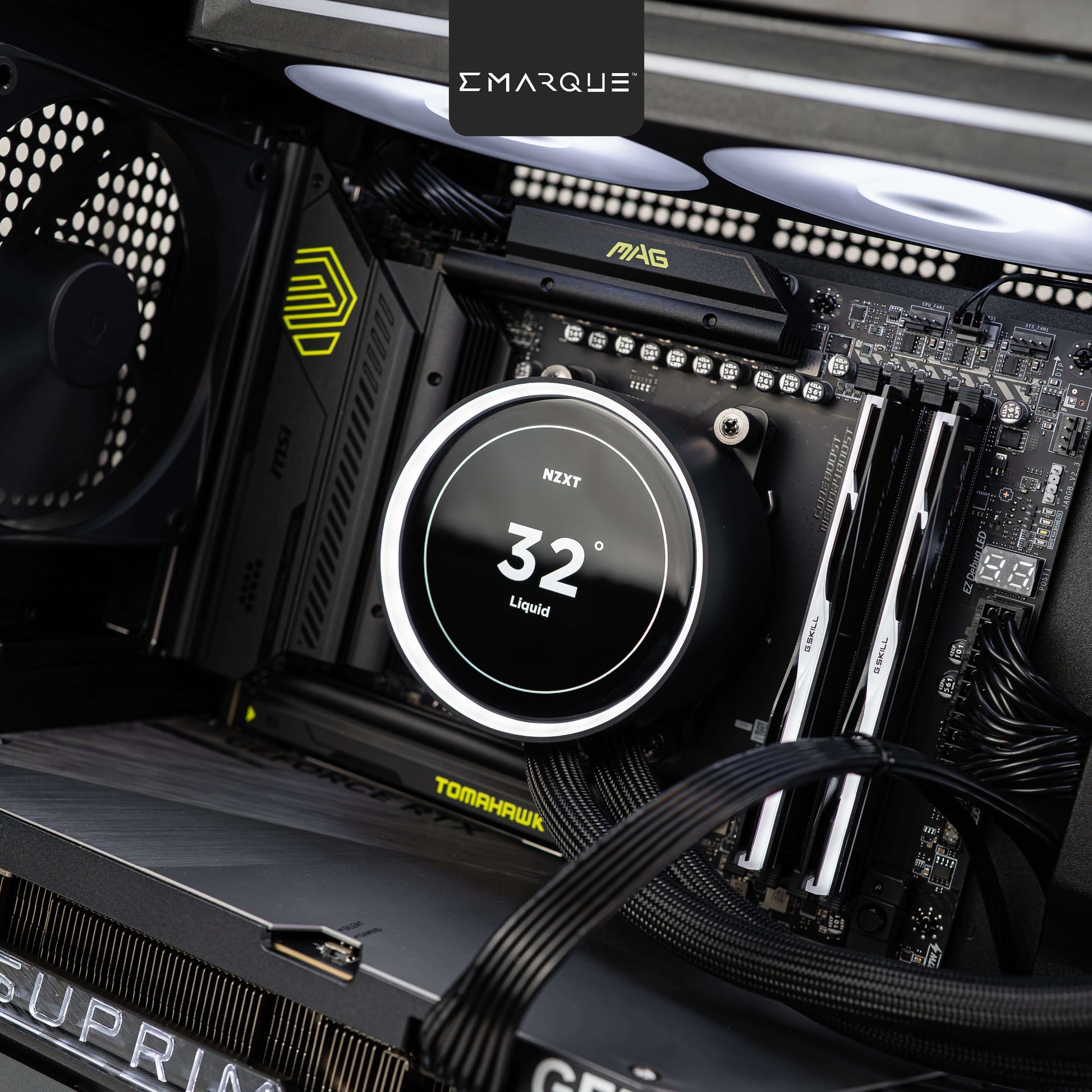 Close-up view of a gaming PC build featuring MSI MAG motherboard and NZXT Kraken Elite 360 RGB cooler at 32 degrees Celsius.