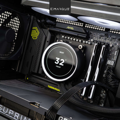 Close-up view of a gaming PC build featuring MSI MAG motherboard and NZXT Kraken Elite 360 RGB cooler at 32 degrees Celsius.