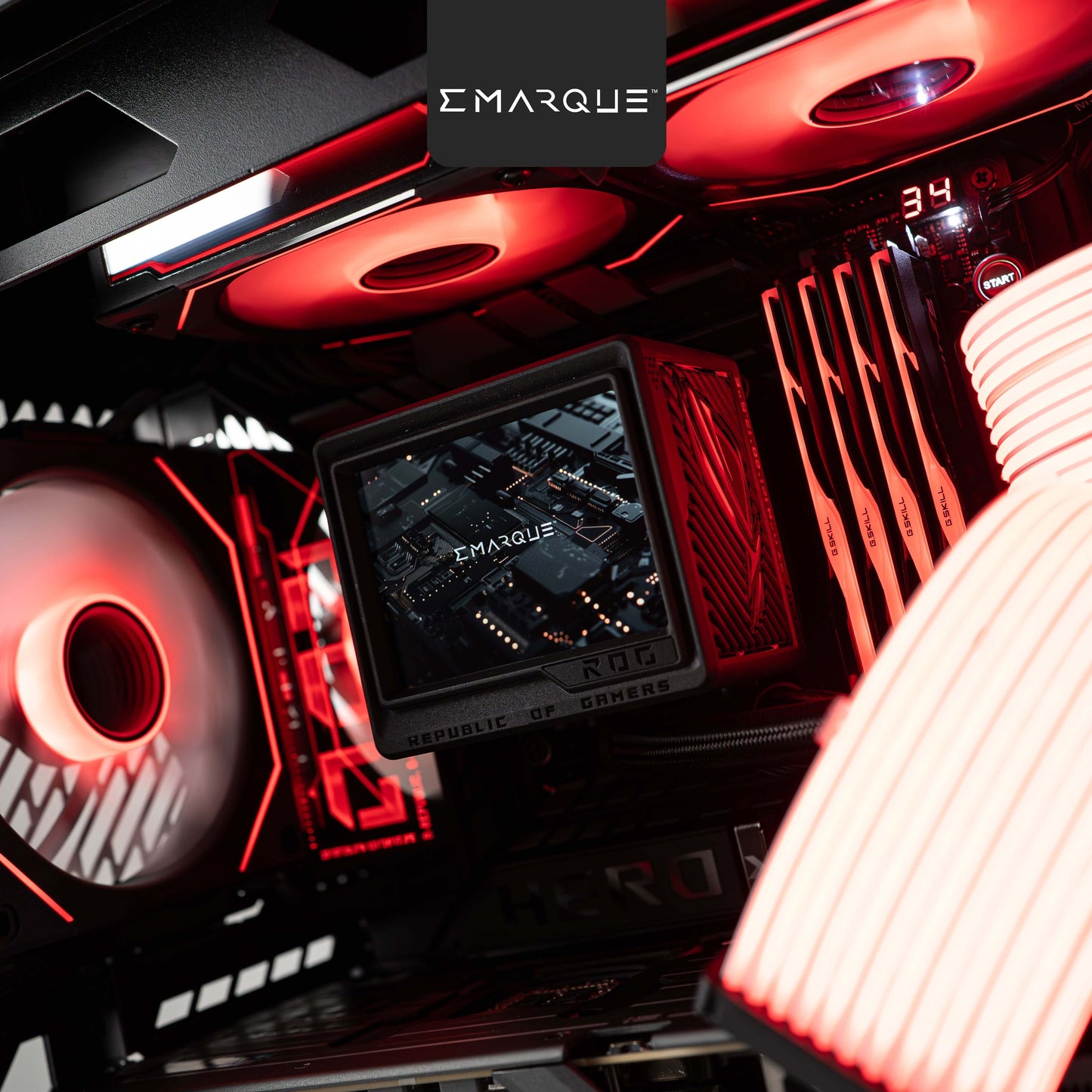 Interior view of HYPERION Gaming PC with AMD Ryzen 7 and ROG Astral RTX 5080, featuring red LED lighting and advanced cooling system
