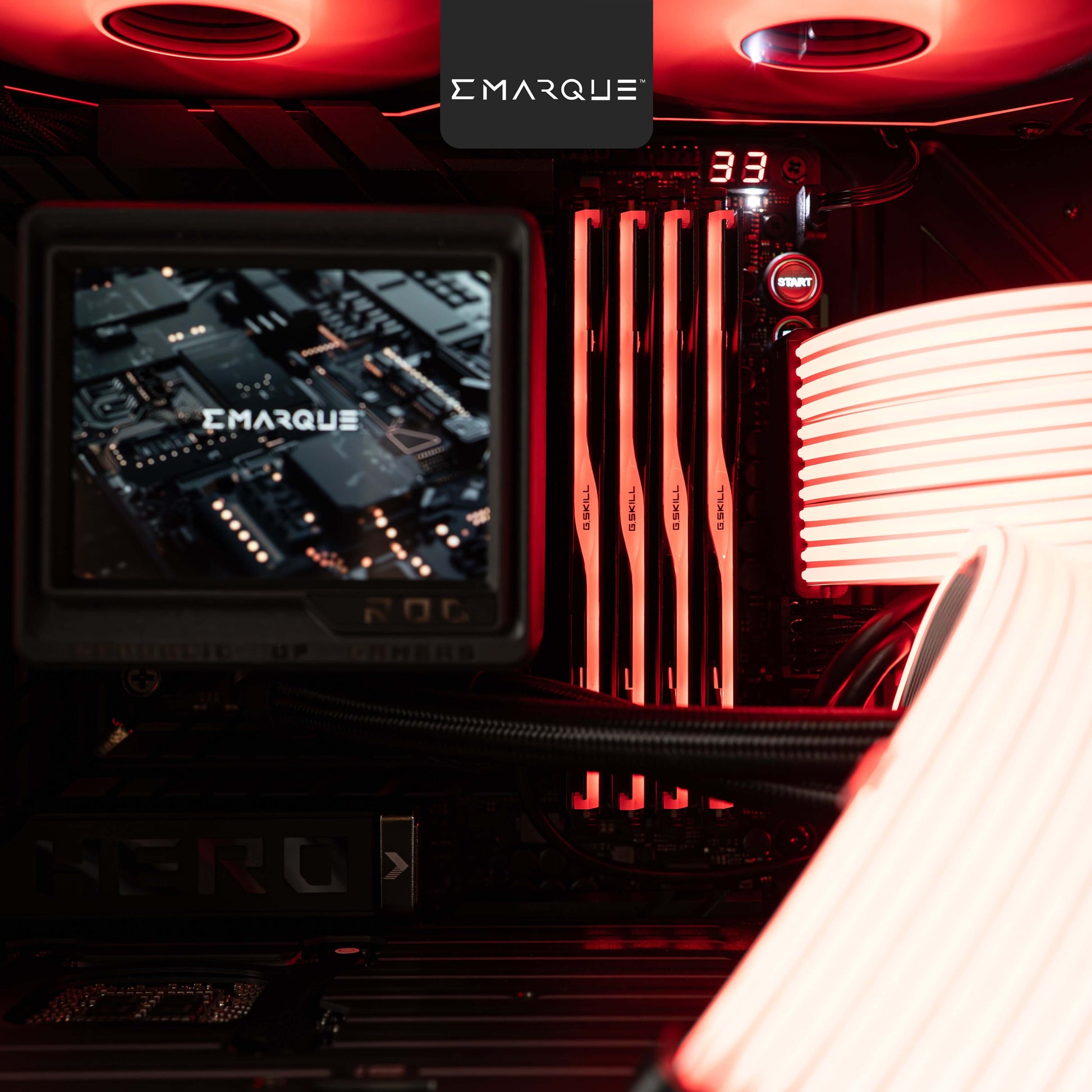 Close-up of a custom gaming PC interior with illuminated RAM and motherboard, showcasing advanced cooling and high-performance components.