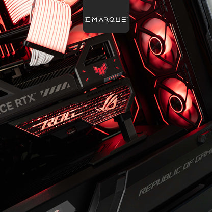 ASUS ROG gaming PC interior with glowing red LED lights and AMD components, showcasing gaming technology.