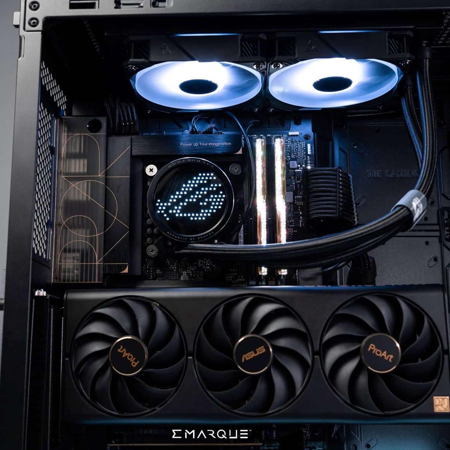 ASUS TUF GT502 case showing dual-chamber internal layout with Ryzen 7 9800X3D CPU and GeForce RTX 5080 graphics card