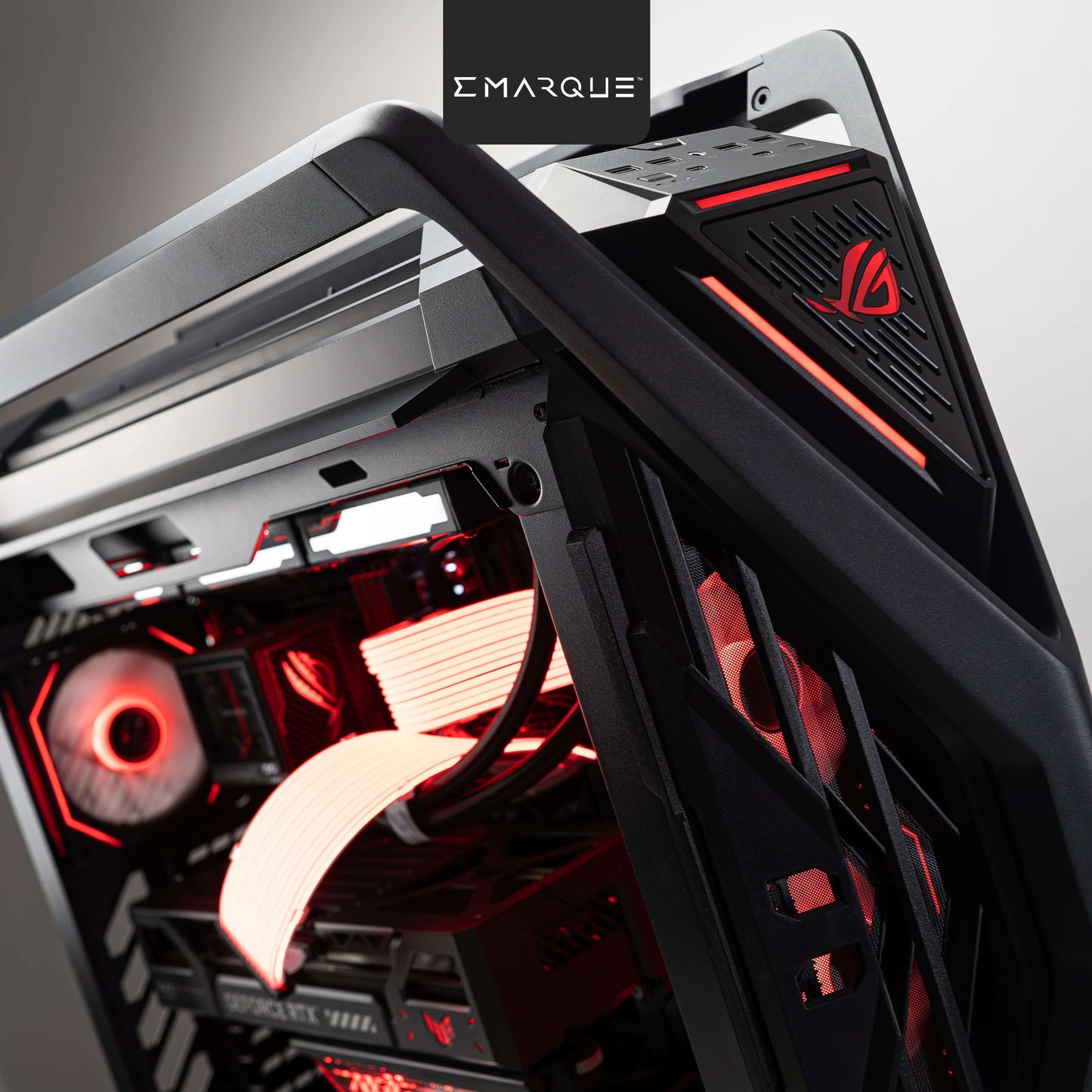 Close-up of ASUS ROG Hyperion Gaming PC with AMD Ryzen 7 9800X3D and ROG Astral RTX 5080, showcasing sleek design and RGB lighting.