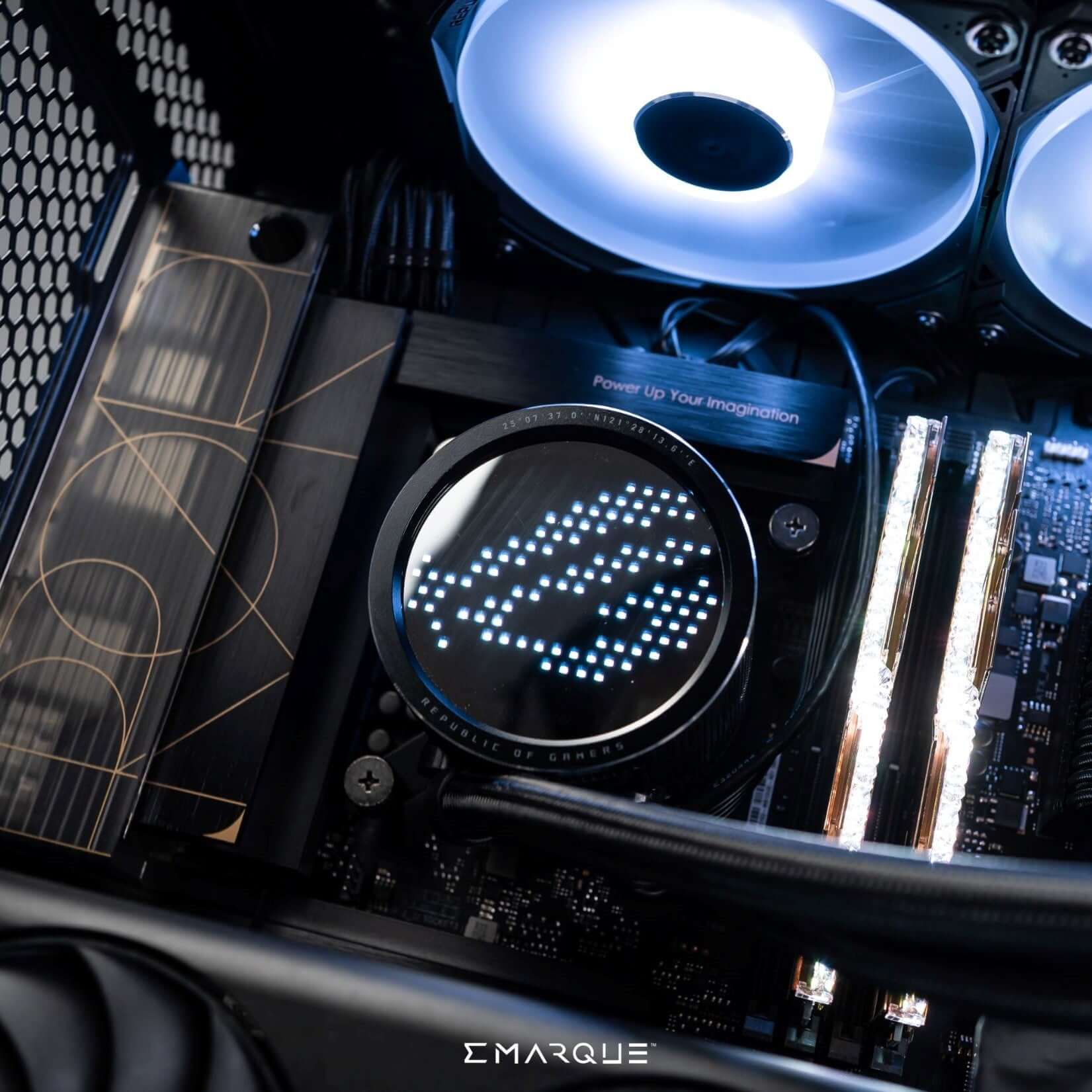 Close-up of ASUS TUF Gaming PC's dual-chamber design with illuminated cooling fans and circuit board for enhanced cooling.
