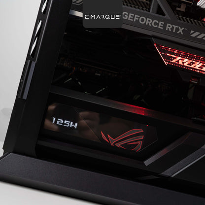 Close-up of ASUS ROG Hyperion gaming PC with GeForce RTX graphics and AMD Ryzen 7, showcasing advanced cooling and design.