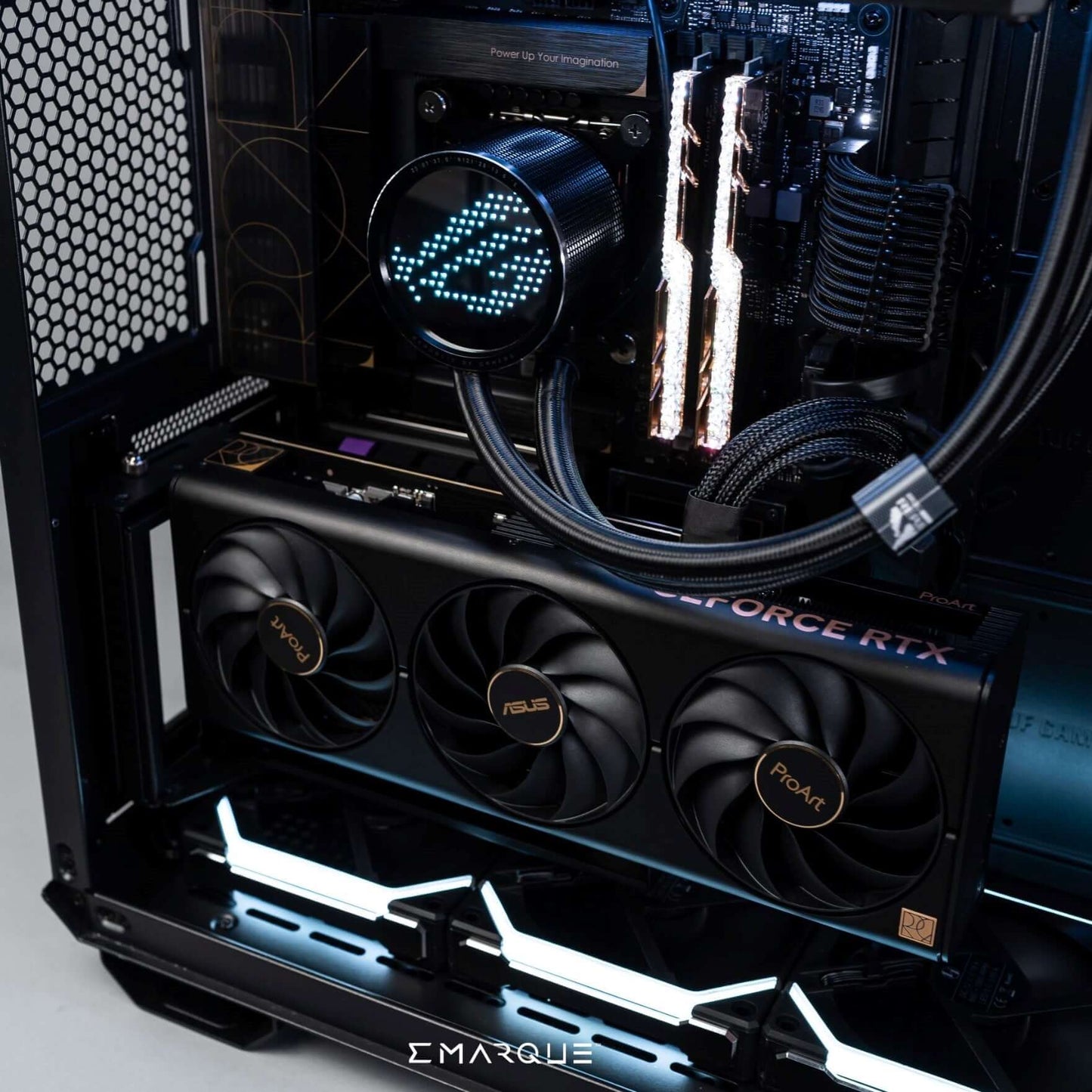 ASUS TUF Gaming PC with Ryzen 7 9800X3D, showcasing GeForce RTX 5080 inside dual-chamber case for optimized cooling