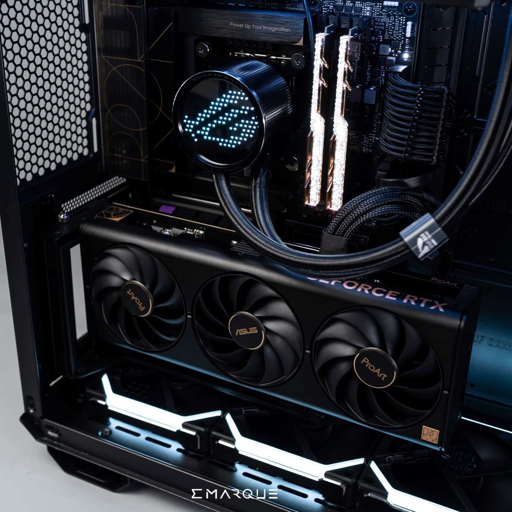 ASUS TUF Gaming PC with Ryzen 7 9800X3D, showcasing GeForce RTX 5080 inside dual-chamber case for optimized cooling