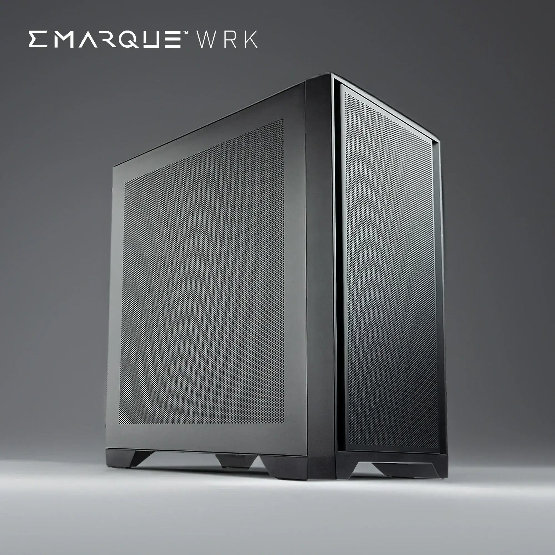 EMARQUE WRK workstation PC with AMD Ryzen 5 8400F, GeForce RTX 5060, and Tecware NEO M2 case in black. Ideal for productivity.