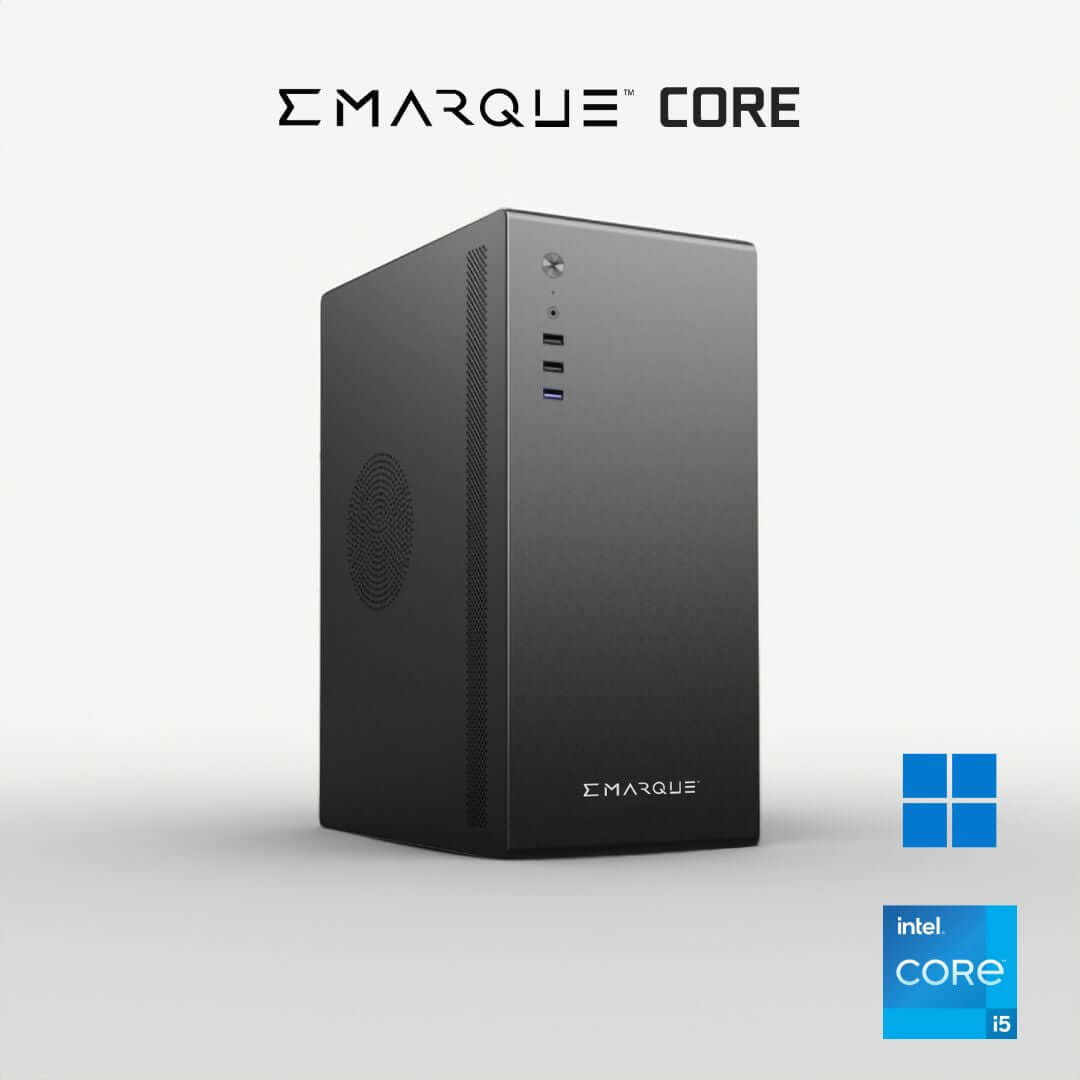 EMARQUE CORE 5 Office Desktop PC with Intel Core i5 12400 and UHD Graphics 730, featuring energy-efficient performance and sleek design.