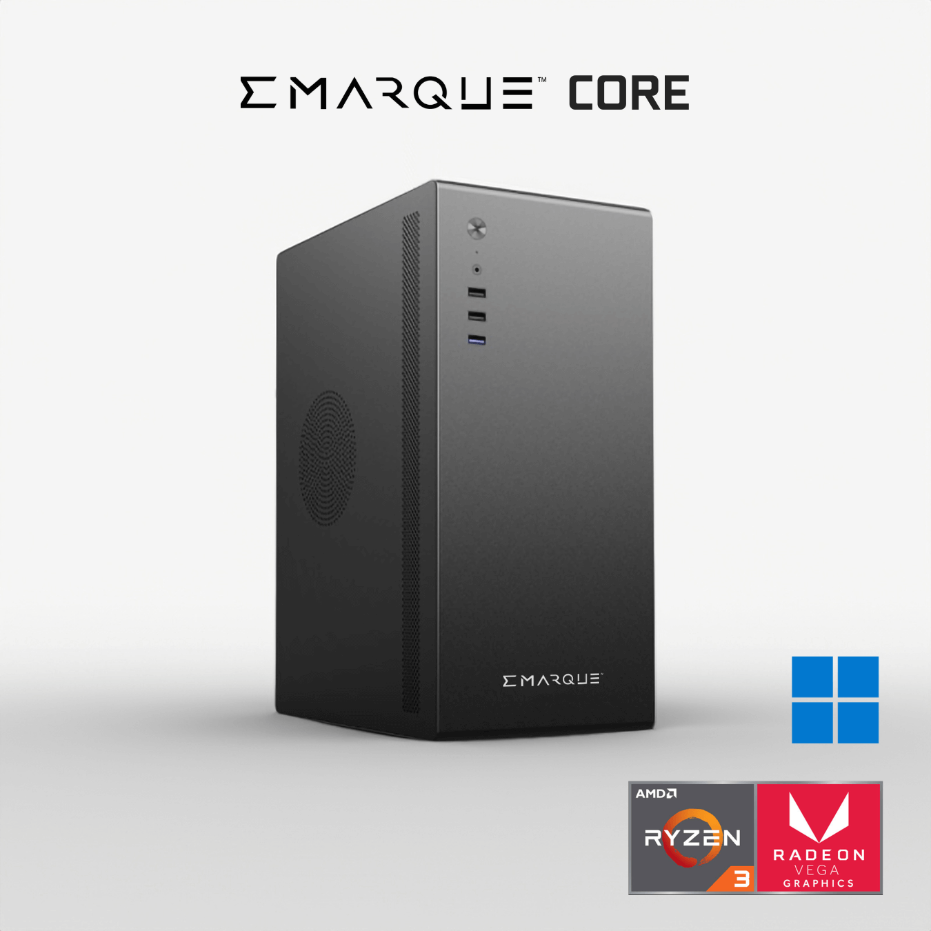 EMARQUE CORE Office Desktop PC with AMD Ryzen 3 3200G and Radeon Vega 8, sleek black chassis, ideal for high-performance applications.