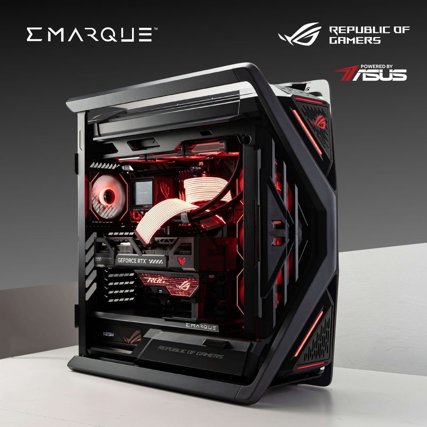 HYPERION Gaming PC with ROG Astral RTX 5080, AMD Ryzen 7 9800X3D, ASUS ROG Hyperion chassis, dynamic RGB lighting setup.