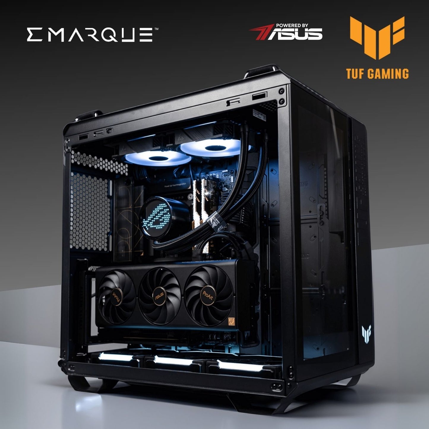 TUF GT PC featuring AMD Ryzen 7 9800X3D and ASUS TUF GeForce RTX 5080 with dual-chamber design for optimal cooling and performance.