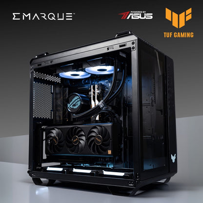 TUF GT PC featuring AMD Ryzen 7 9800X3D and ASUS TUF GeForce RTX 5080 with dual-chamber design for optimal cooling and performance.