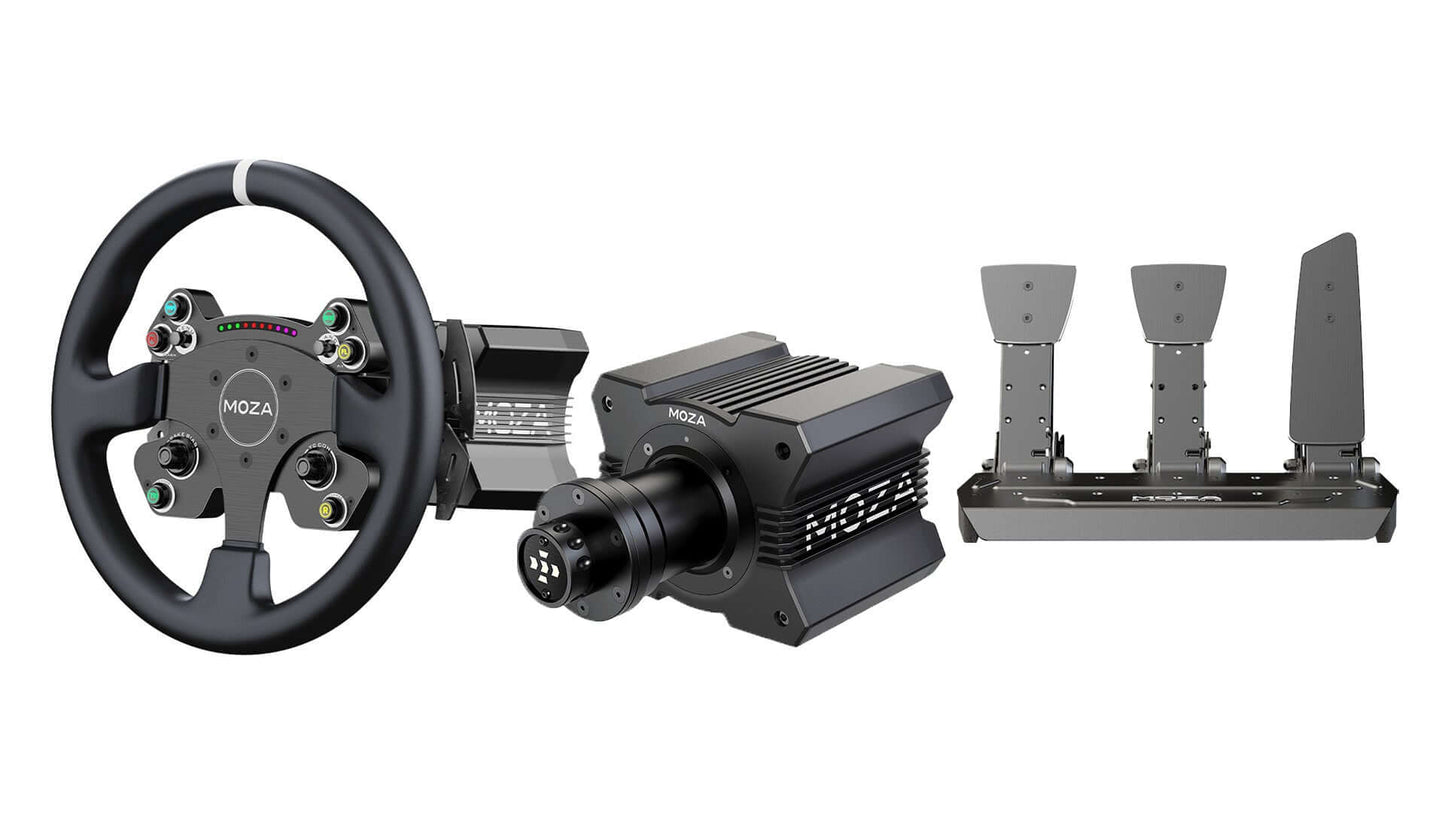 Racing simulator components including steering wheel, gear system, and pedal set for immersive virtual racing experience.