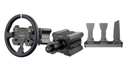 Racing simulator components including steering wheel, gear system, and pedal set for immersive virtual racing experience.