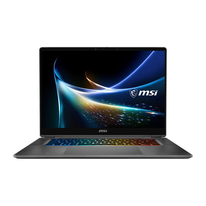 MSI Prestige N16 Flip AI+ RTX Spark laptop, front view with 16 inch OLED display and RGB keyboard