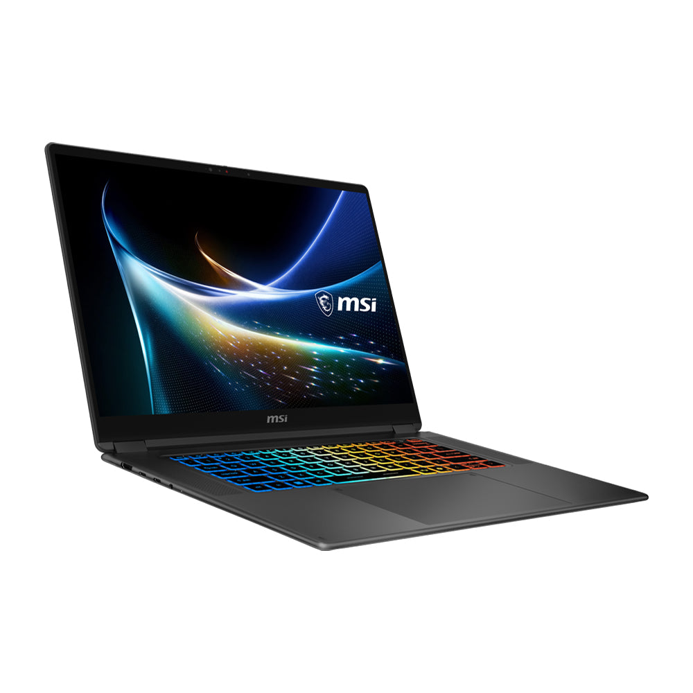 MSI Prestige N16 Flip AI+ RTX Spark laptop, angled left view of the slim chassis
