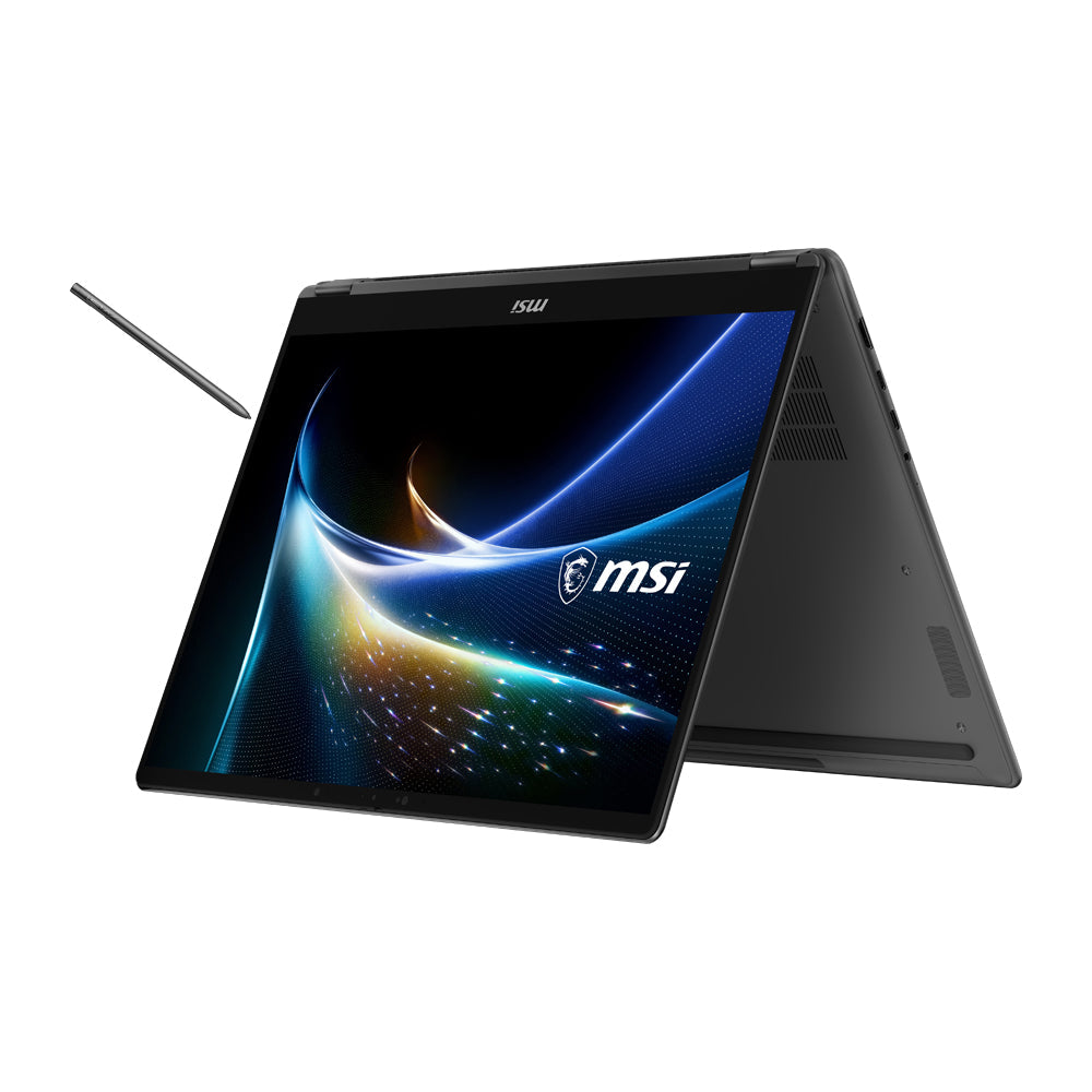 MSI Prestige N16 Flip AI+ 2-in-1 in tent mode with the MSI Nano Pen