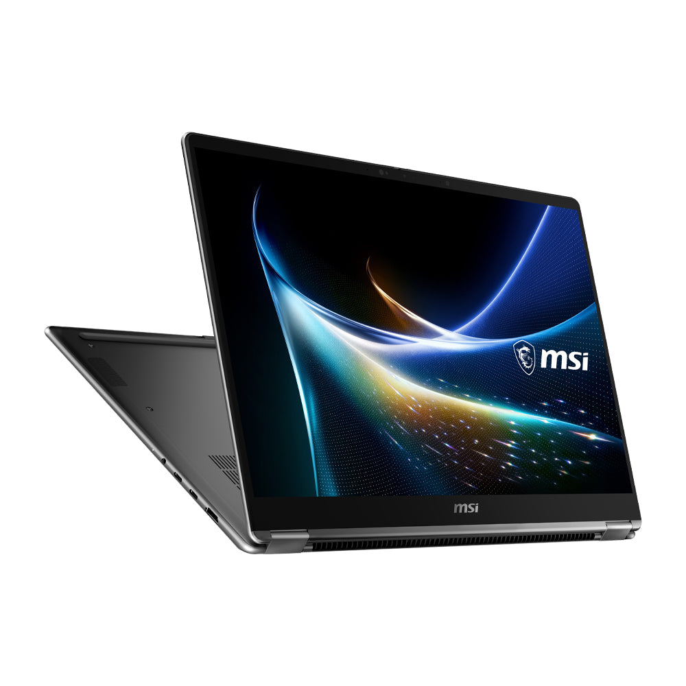 MSI Prestige N16 Flip AI+ 2-in-1 in stand mode, touchscreen facing forward