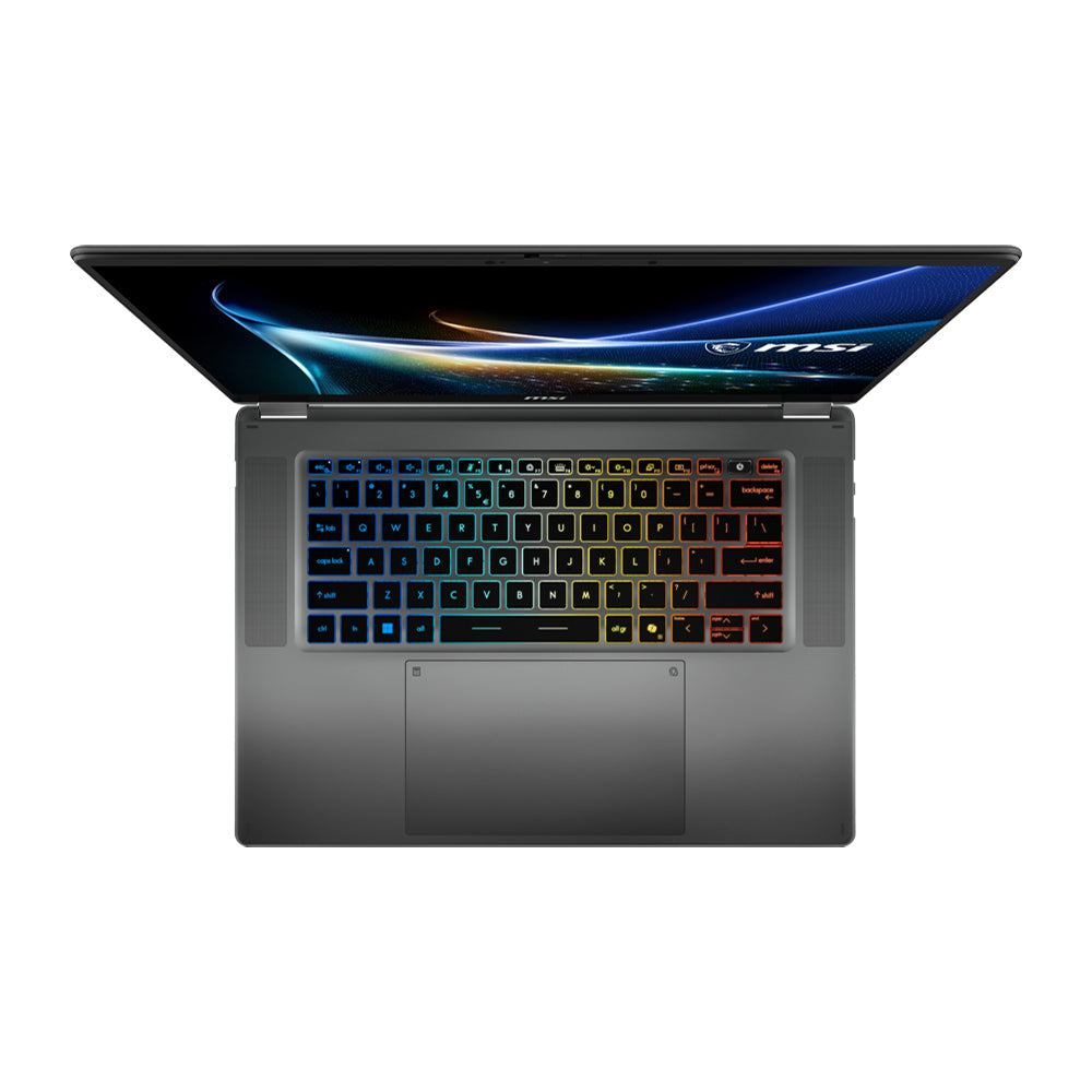 MSI Prestige N16 Flip AI+ top view of the 4-zone RGB keyboard and large Action Touchpad