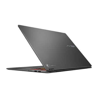 MSI Prestige N16 Flip AI+ rear view of the grey lid with the Prestige logo