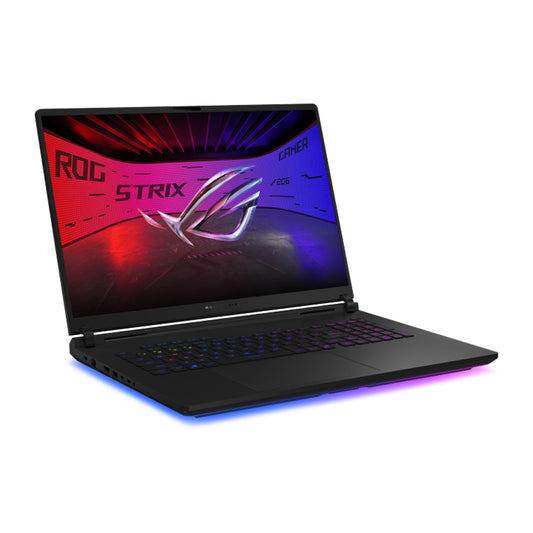 ASUS ROG Strix SCAR 18 G835L-XGTQ284WP gaming laptop, right three-quarter view showing the RGB light bar