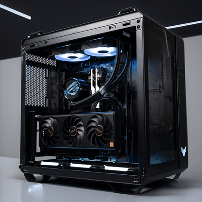 TUF GT Gaming PC with dual-chamber design featuring AMD Ryzen 7 9800X3D and ASUS TUF GeForce RTX 5080, offering high-speed visuals.
