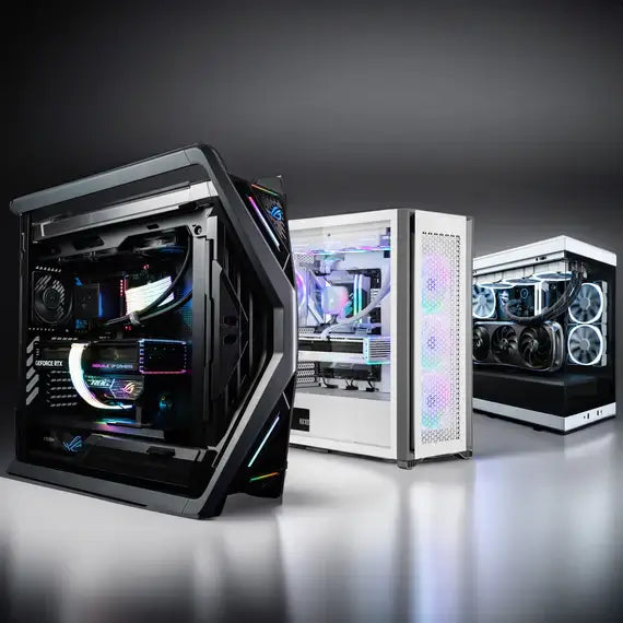 Three custom-built gaming PCs with advanced cooling systems and RGB lighting, showcasing different designs and configurations for enthusiasts.