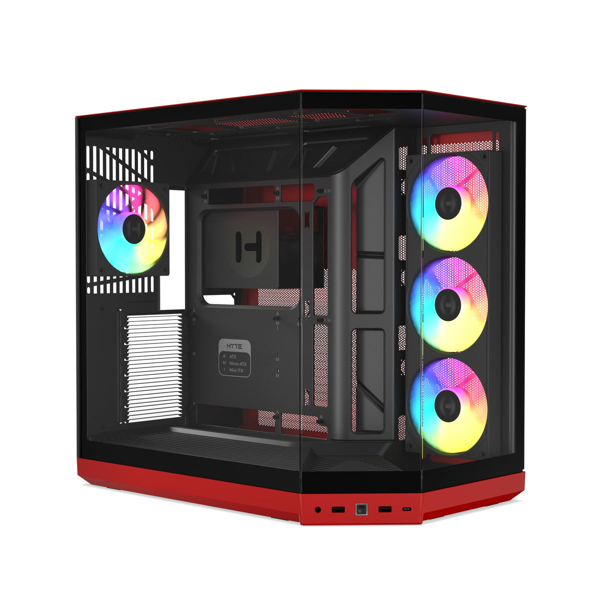 HYTE Y50 RGB dual chamber ATX case in Black Cherry, front three-quarter view with the ARGB fans lit
