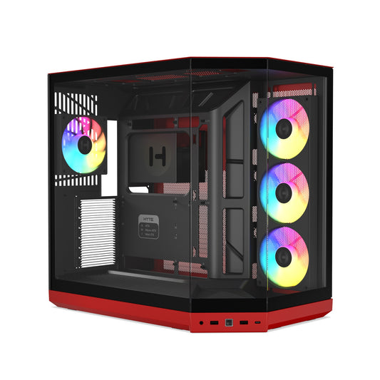 HYTE Y50 RGB dual chamber ATX case in Black Cherry, front three-quarter view with the ARGB fans lit