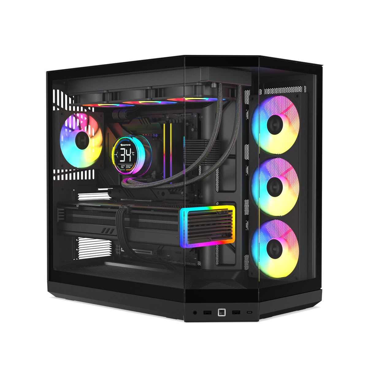 HYTE Y50 RGB in Pitch Black with a full build installed and the graphics card mounted horizontally