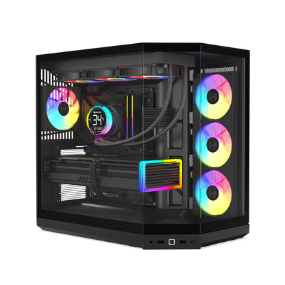 HYTE Y50 RGB in Pitch Black with a full build installed and the graphics card mounted horizontally