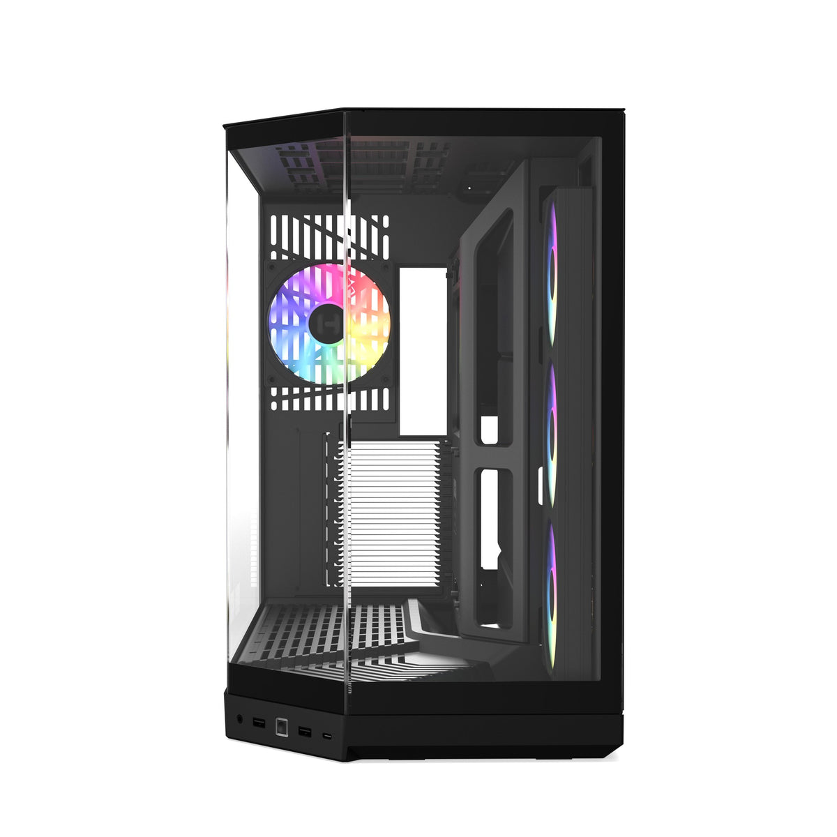 HYTE Y50 RGB in Pitch Black, front corner view of the panoramic glass