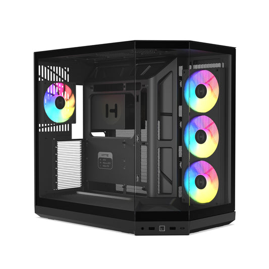 HYTE Y50 RGB dual chamber ATX case in Pitch Black, front three-quarter view with the ARGB fans lit