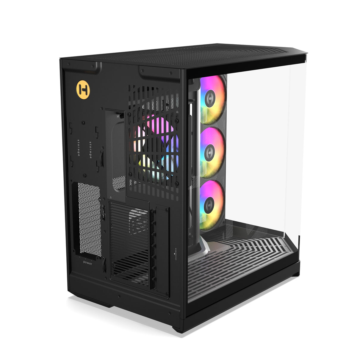 HYTE Y50 RGB in Pitch Black, side view through the glass to the reverse-blade ARGB fan array