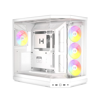 HYTE Y50 RGB dual chamber ATX case in Snow White, front three-quarter view with the ARGB fans lit