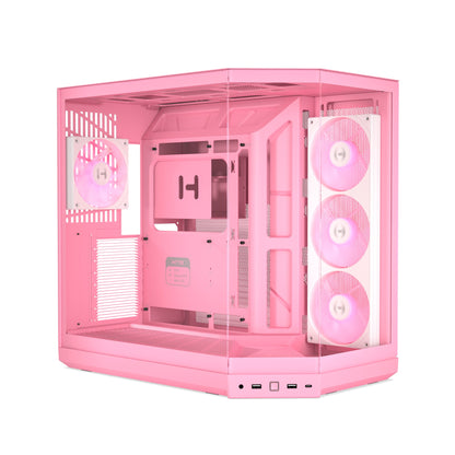 HYTE Y50 RGB dual chamber ATX case in Strawberry Milk, front three-quarter view with the ARGB fans lit