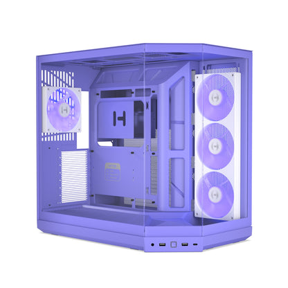 HYTE Y50 RGB dual chamber ATX case in Taro Milk, front three-quarter view with the ARGB fans lit