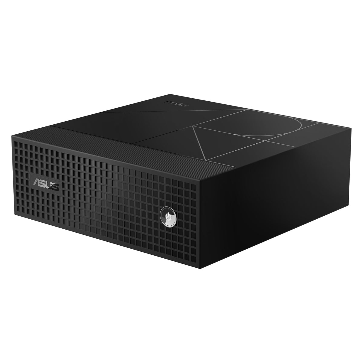 ASUS ProArt GR1X Mini PC with NVIDIA RTX Spark in black, three quarter view showing the perforated front intake and power button