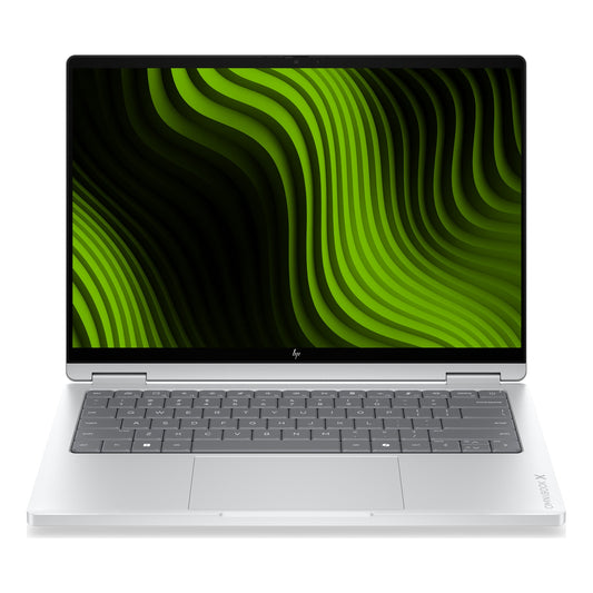 HP OmniBook X 14 NVIDIA RTX Spark AI laptop in Glacier silver, front view with the 14 inch 3K OLED display open