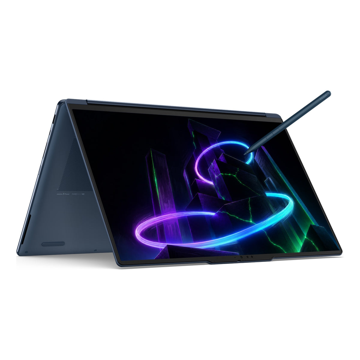 Lenovo Yoga 9n 2-in-1 NVIDIA RTX Spark AI laptop in tent mode with the Yoga Pen Gen 2 resting on the 16 inch PureSight Pro OLED display